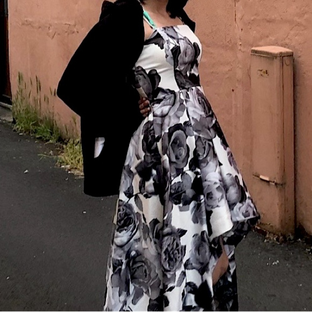B&W floral high low prom dress black and white